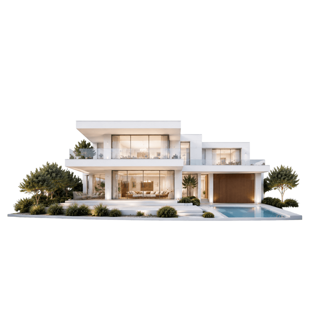 Villa blanca moderna con fachadas de cristal, jardines y piscina